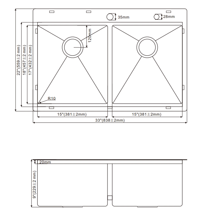 3322D Topmount Double Bowl Stainless Steel Workstation Sink For Kitchen