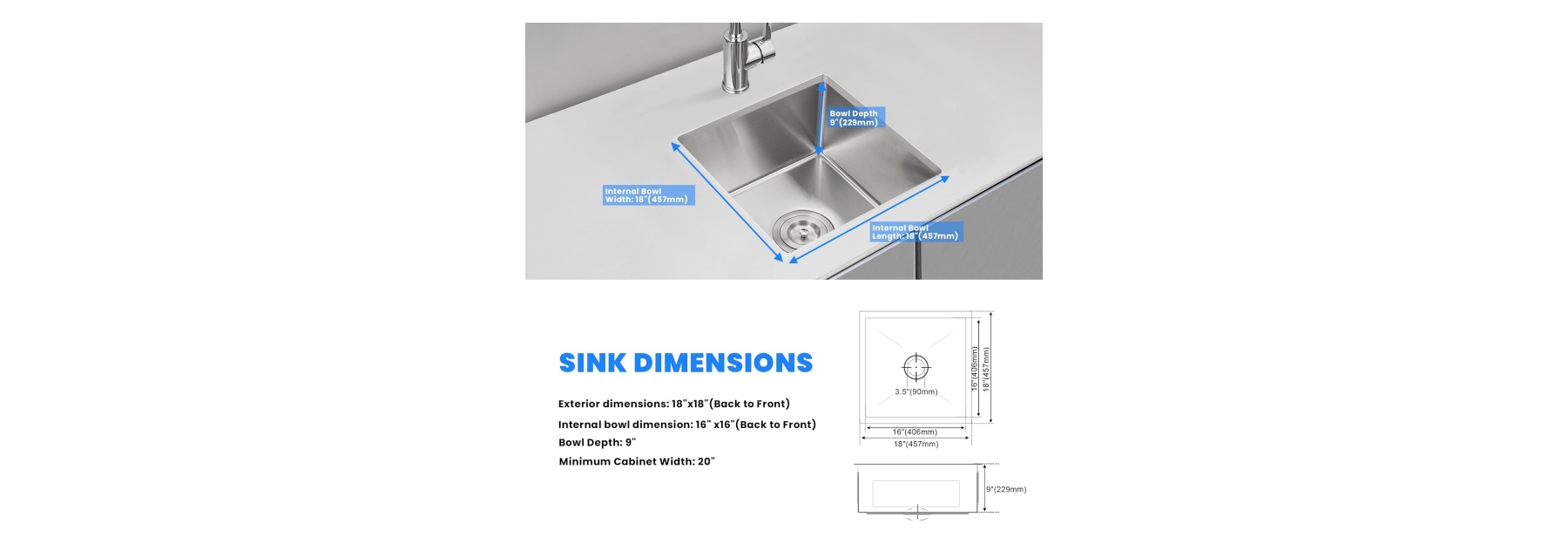 HU1818S Undermount Single Bowl Stainless Steel Sink For Kitchen