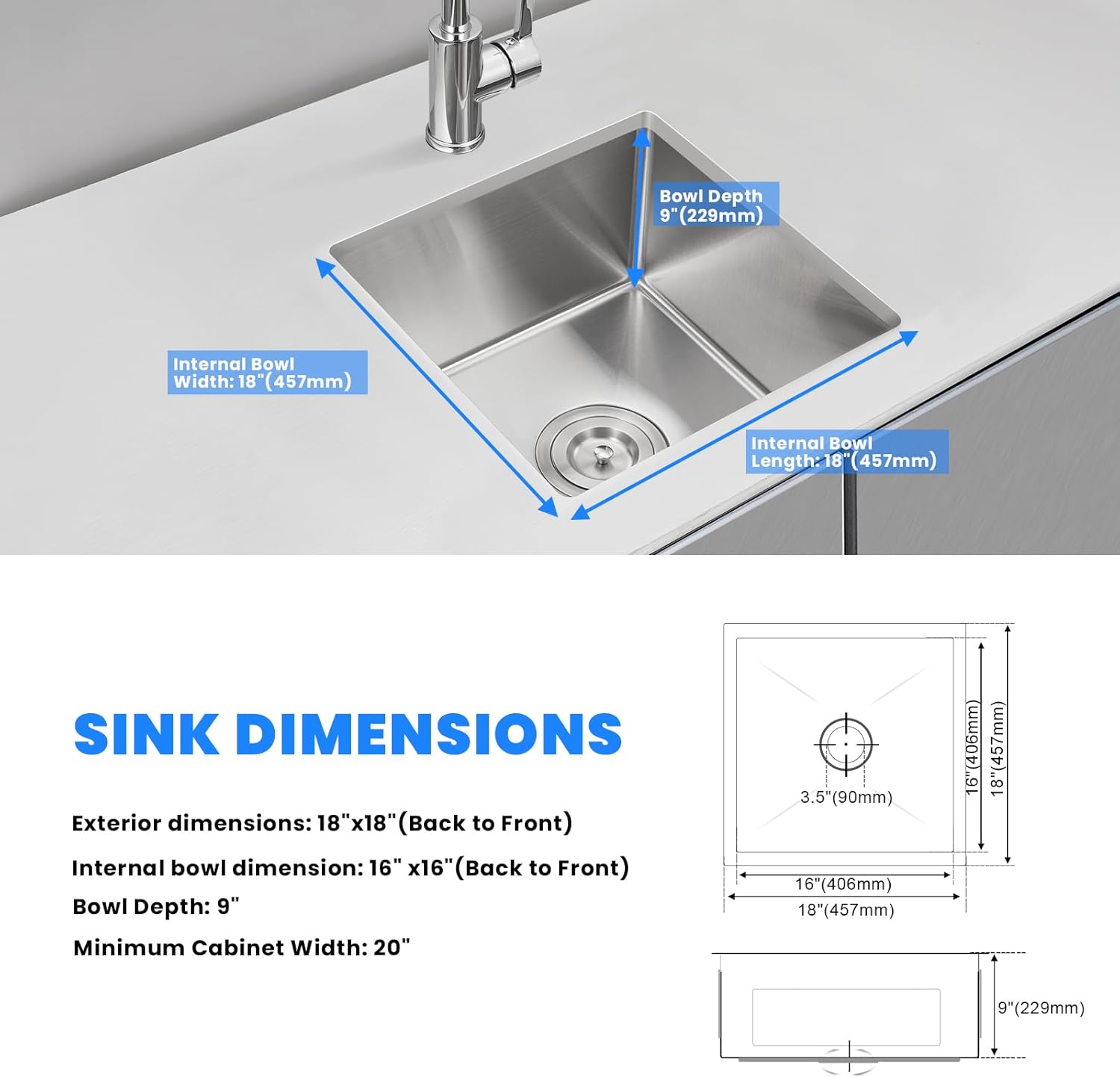 18'' SUS304 Kitchen Sink Undermount Single Bowl Workstation Multifunctional Modern Kitchen Sink Stainless Steel With Brushed Finish Modern Sinks