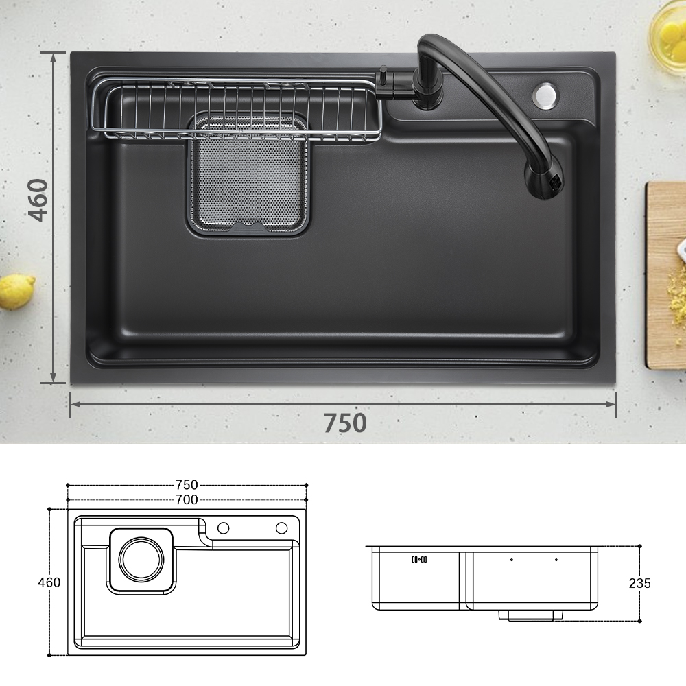 SUS304 Kitchen Sink Stainless Steel Undermount Single Bowl Workstation Handmade Sink Black 750*460*225mm Multifunction For Kitchen Sink
