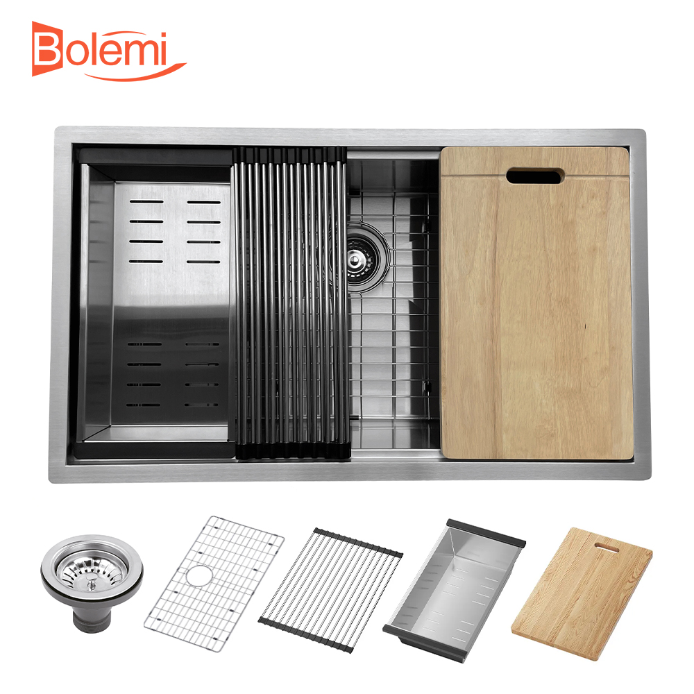 Stainless Steel Single Bowl Kitchen Sink Undermount 18 Gauge Workstation Handmade Sink Silver 30 Inch SUS304 Kitchen Sink Multifunction Sink With Accessories