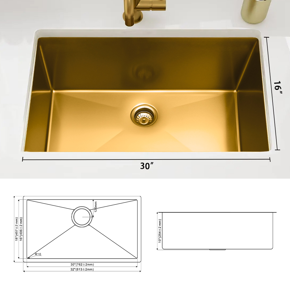 Handmade Gold Single Bowl Stainless Steel Kitchen Sink Topmount SUS304 Sink 30 Inch Multifunction 30*18*10'' Gold Kitchen Sink