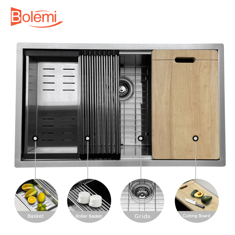 Stainless Steel Single Bowl Kitchen Sink Undermount 18 Gauge Workstation Handmade Sink Silver 30 Inch SUS304 Kitchen Sink Multifunction Sink With Accessories