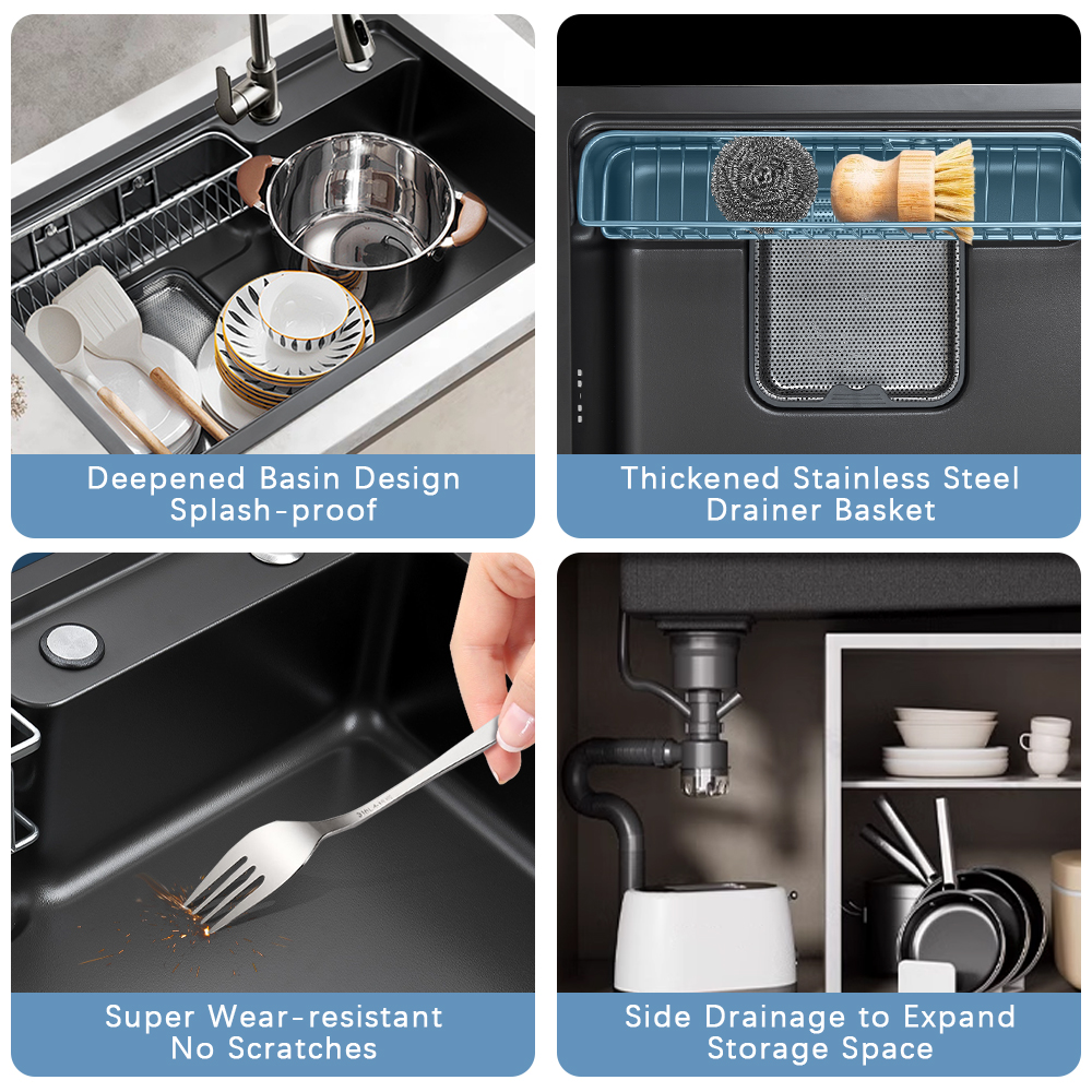 SUS304 Kitchen Sink Stainless Steel Undermount Single Bowl Workstation Handmade Sink Black 750*460*225mm Multifunction For Kitchen Sink