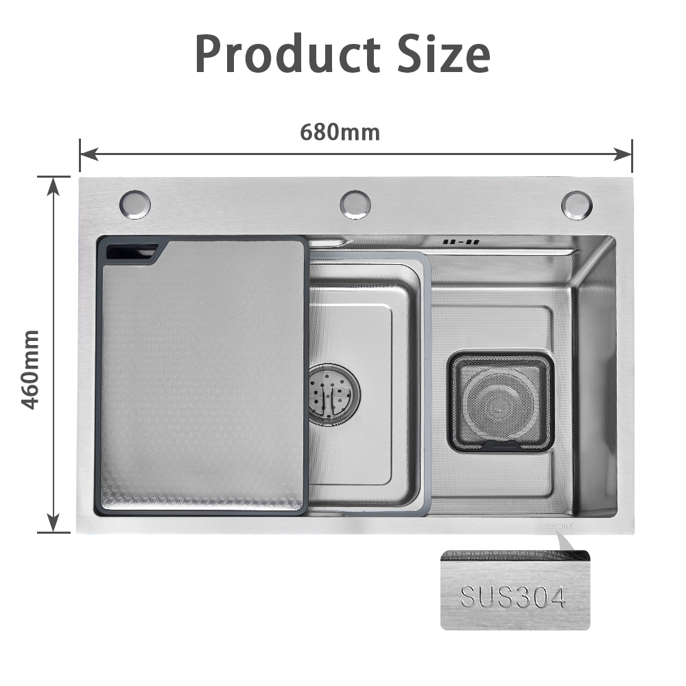 Stainless Steel Handmade 26.8'' Inch SUS304 Topmount Single Bowl 18 Gauge Kitchen Sink 680*460*245mm Modern Kitchen Sink With Accessories