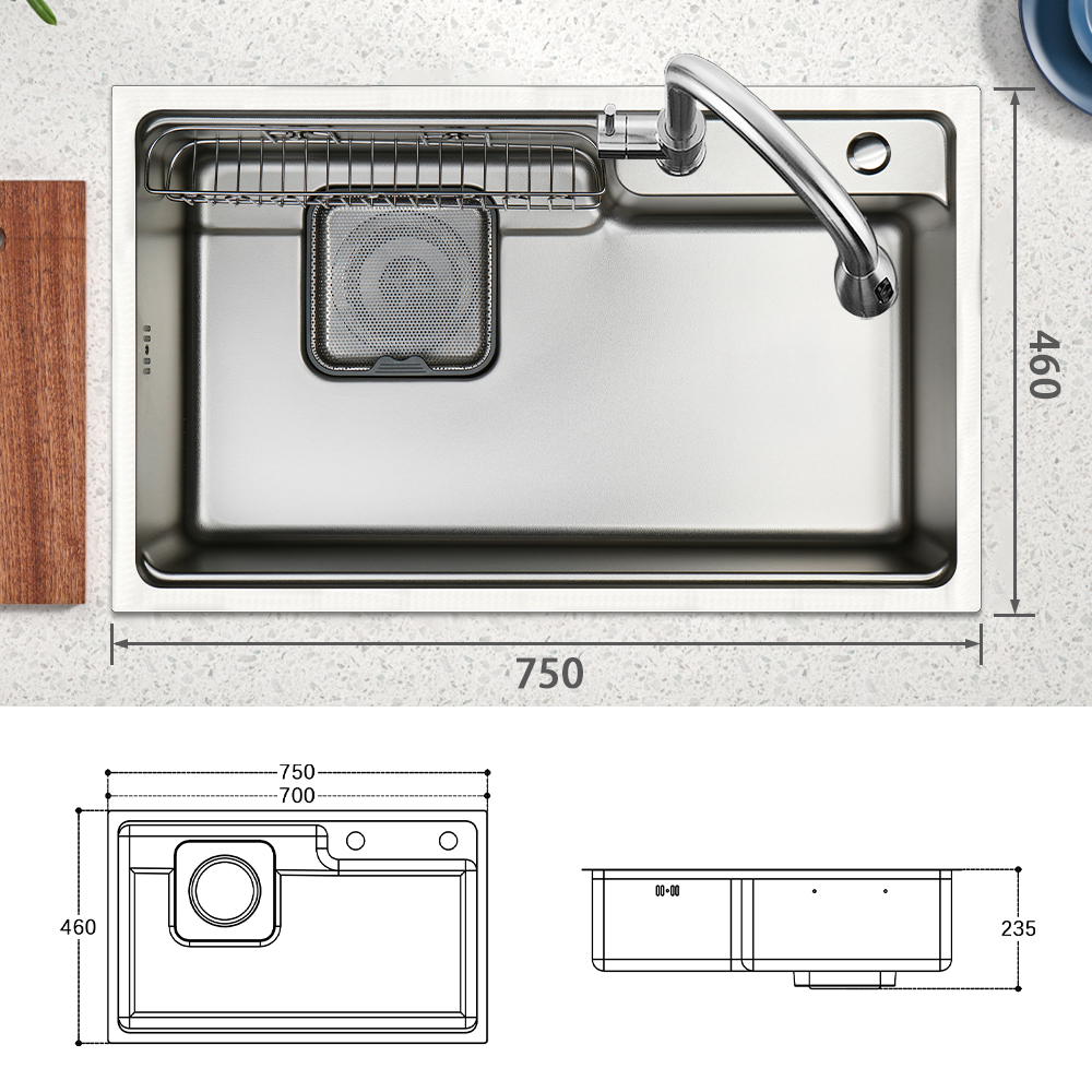 Multifunctional Stainless Steel Kitchen Sink Undermount Single Bowl Workstation Handmade Sink SUS304 Silver 750*460*225mm For Kitchen Sink 