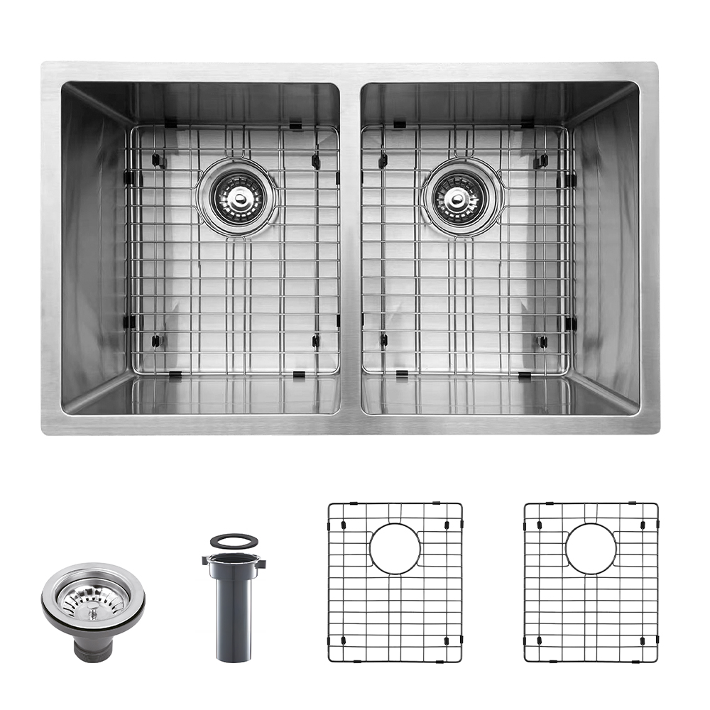 32 Inch Handmade Kitchen Sink Double Bowls Undermount Stainless Steel Kitchen Sink 18 Gauge 32*18  Brushed Modern SUS304 Kitchen Sink With Accessories