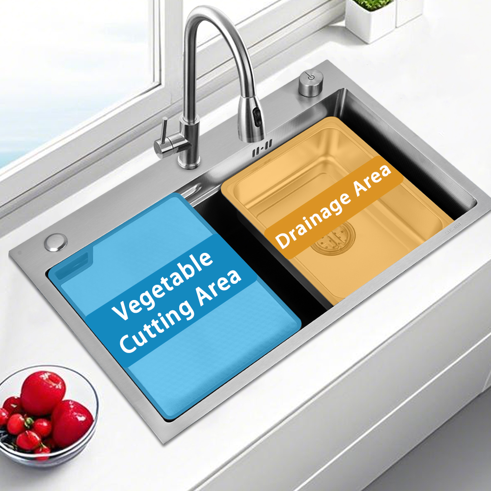 Stainless Steel Handmade 26.8'' Inch SUS304 Topmount Single Bowl 18 Gauge Kitchen Sink 680*460*245mm Modern Kitchen Sink With Accessories