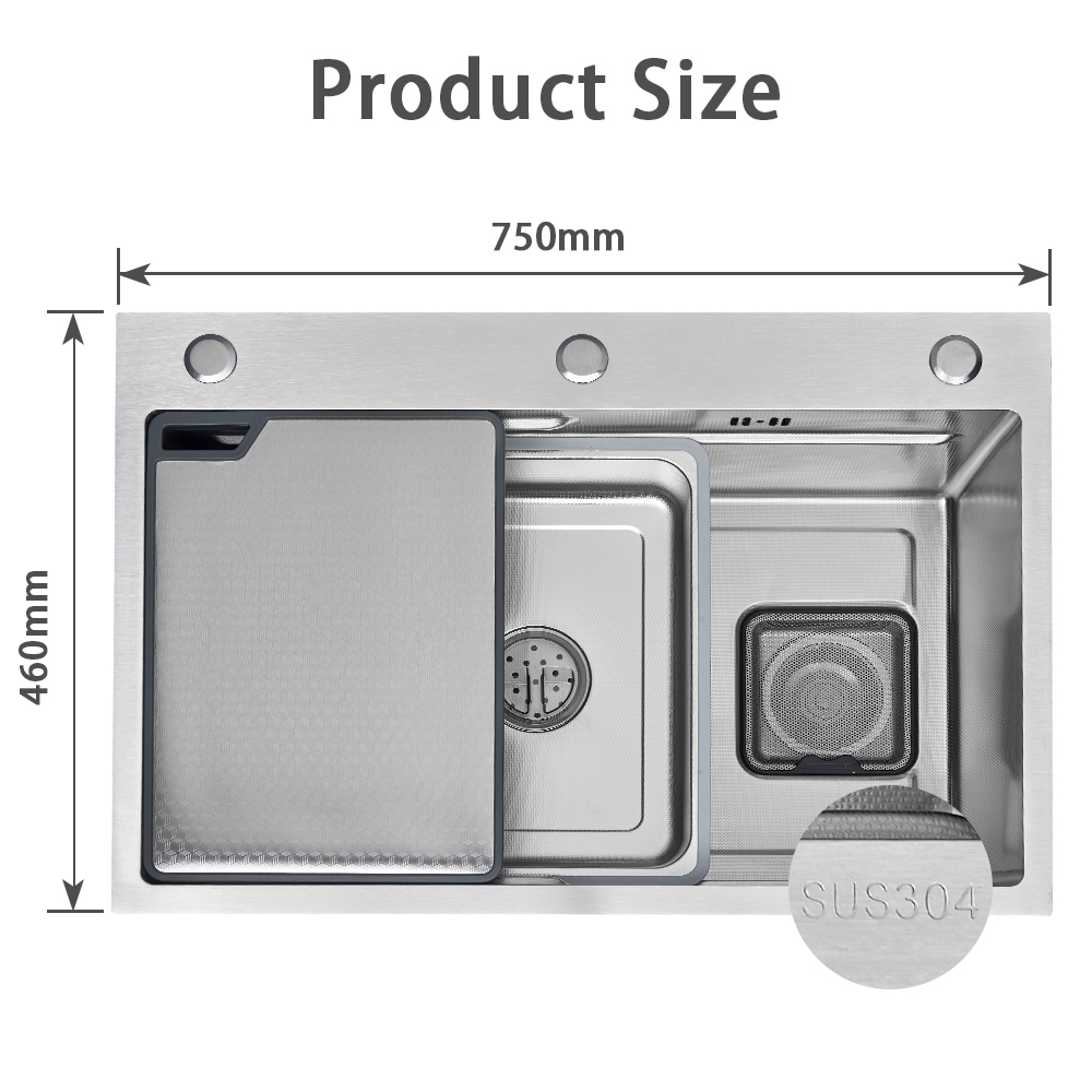 Topmount Stainless Steel Handmade SUS304 Single Bowl Kitchen Sink 750*460*245mm Modern Silver Kitchen Sink With Accessories