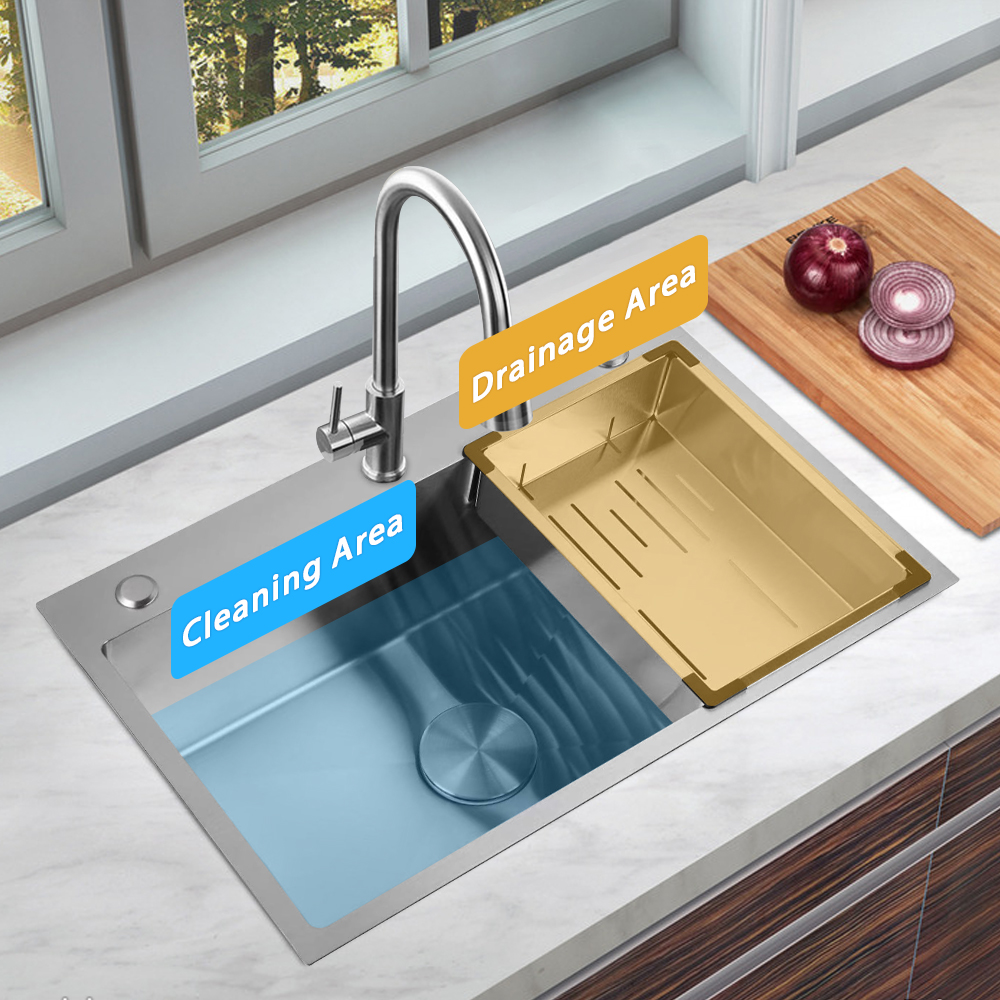 SUS304 Single Bowl Kitchen Sink Topmount Stainless Steel Handmade Modern Silver Kitchen Sink With Handmade Basket Dranier