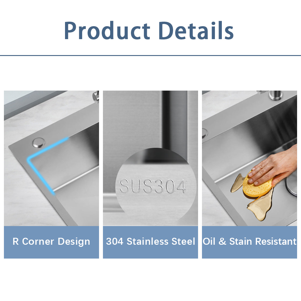 SUS304 Single Bowl Kitchen Sink Topmount Stainless Steel Handmade Modern Silver Kitchen Sink With Handmade Basket Dranier