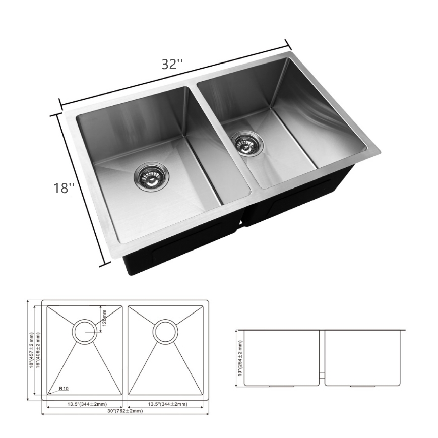 32 Inch Handmade Kitchen Sink Double Bowls Undermount Stainless Steel Kitchen Sink 18 Gauge 32*18  Brushed Modern SUS304 Kitchen Sink With Accessories