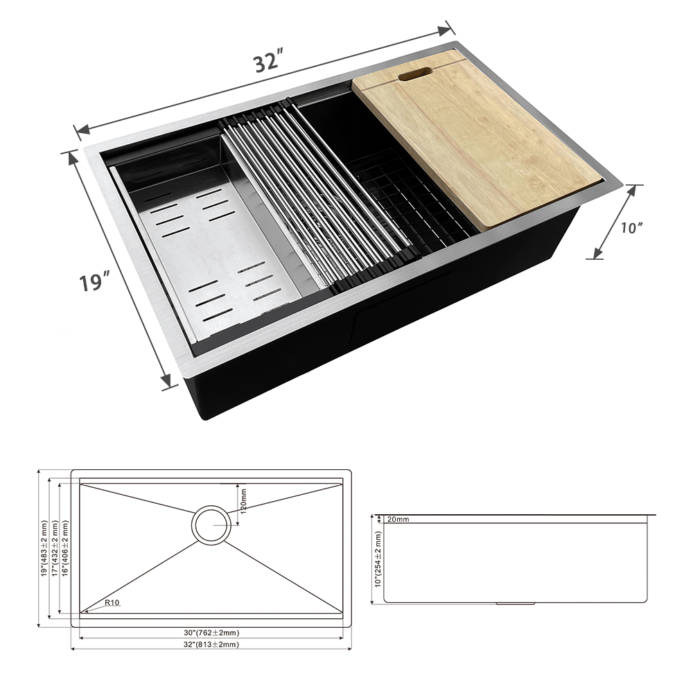 Single Bowl Stainless Steel Kitchen Sink 18 Gauge Undermount Handmade Sink 32*19*10'' Workstation Multifunction Kitchen Sink With Accessories