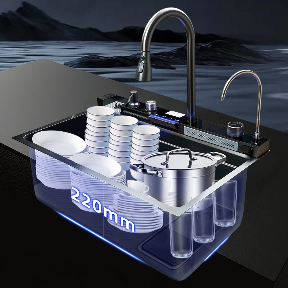Smart Kitchen Sink 304 Stainless Steel Single Bowl 30 Inch Kitchen Sinks Drop In Waterfall Smart Top Mount Kitchen Sink With Faucet Combo Workstation Sinks