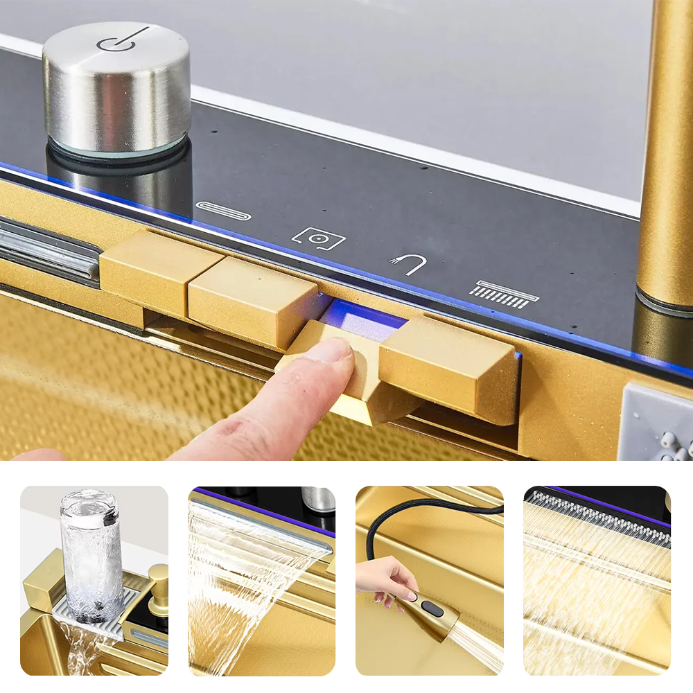 30 Inch Waterfall Multifunctional Kitchen Sink Gold 304 Stainless Steel Single Bowl Drop In Smart Top Mount Kitchen Sink With Faucet Combo Workstation Sinks