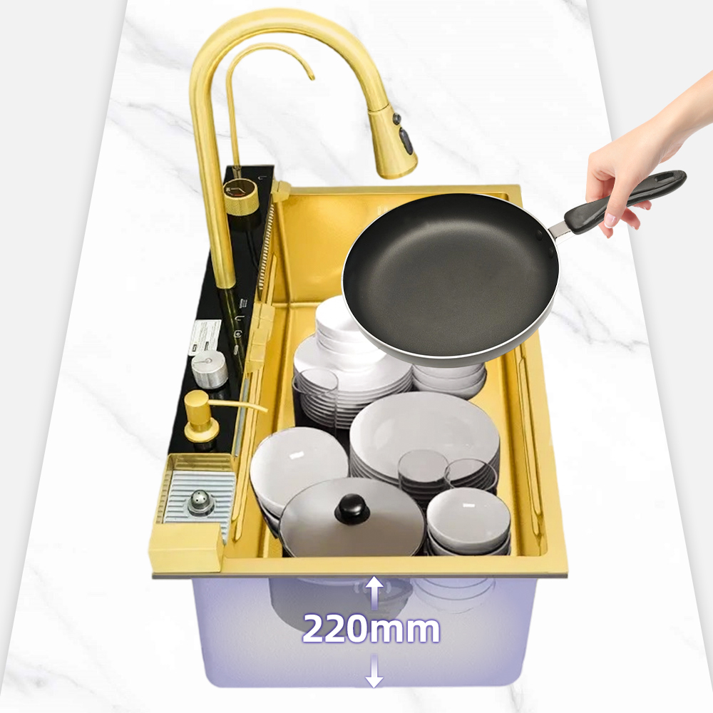 30 Inch Waterfall Multifunctional Kitchen Sink Gold 304 Stainless Steel Single Bowl Drop In Smart Top Mount Kitchen Sink With Faucet Combo Workstation Sinks