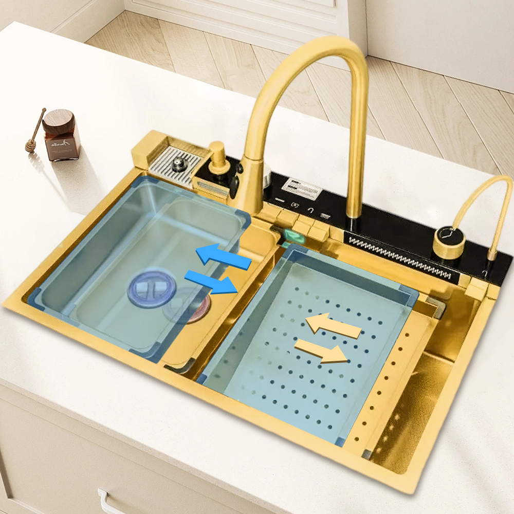 30 Inch Waterfall Multifunctional Kitchen Sink Gold 304 Stainless Steel Single Bowl Drop In Smart Top Mount Kitchen Sink With Faucet Combo Workstation Sinks
