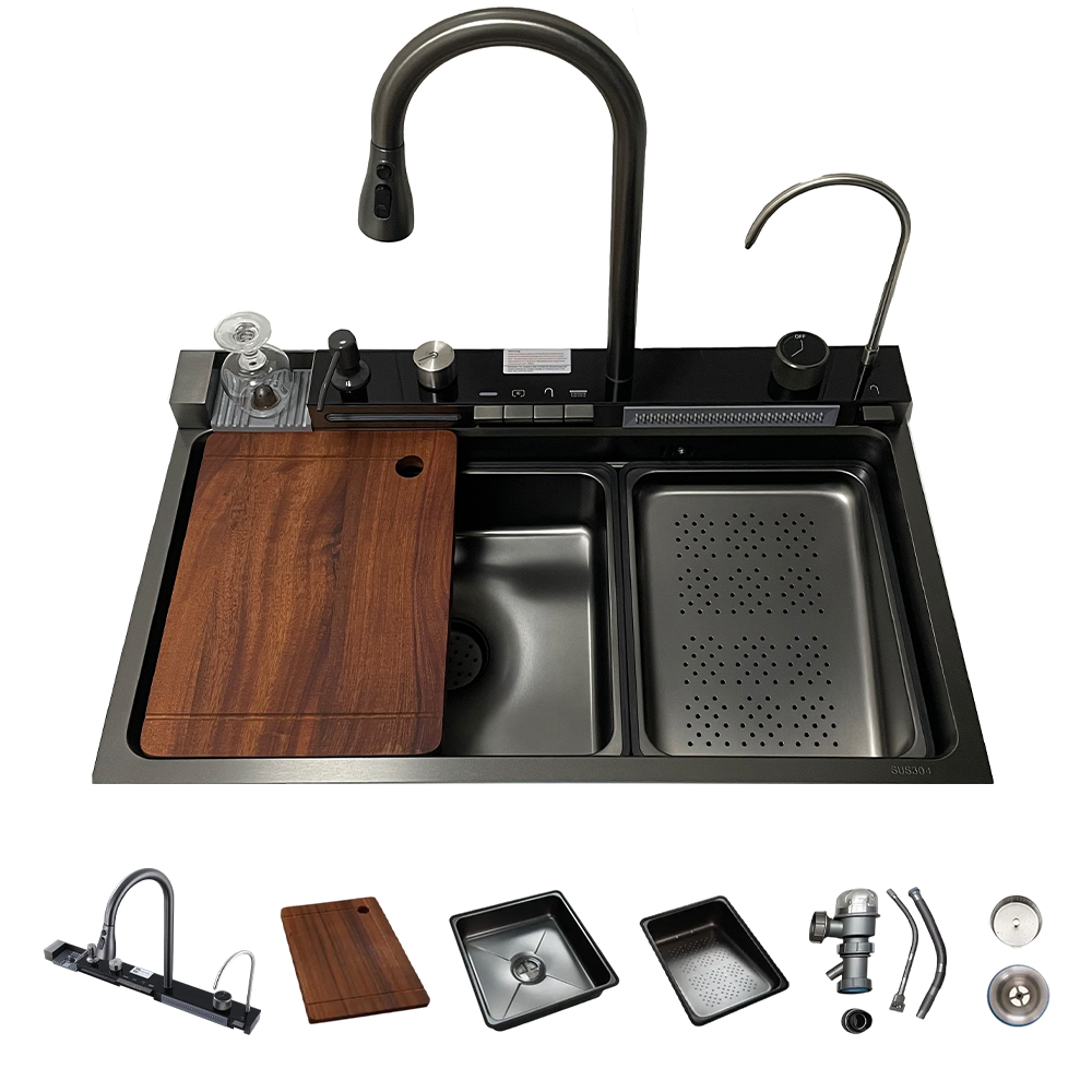 Smart Kitchen Sink 304 Stainless Steel Single Bowl 30 Inch Kitchen Sinks Drop In Waterfall Smart Top Mount Kitchen Sink With Faucet Combo Workstation Sinks