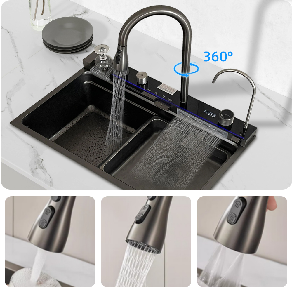 Smart Kitchen Sink 304 Stainless Steel Single Bowl 30 Inch Kitchen Sinks Drop In Waterfall Smart Top Mount Kitchen Sink With Faucet Combo Workstation Sinks