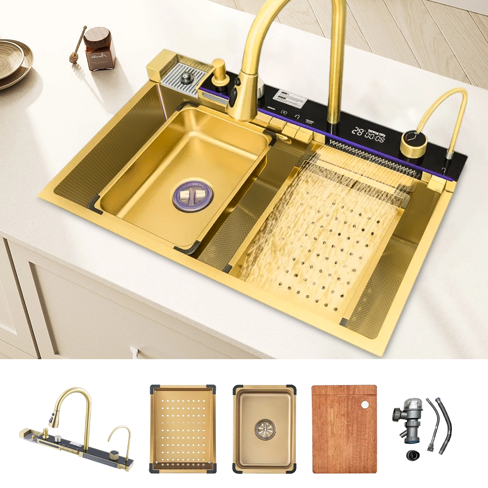 30 Inch Waterfall Multifunctional Kitchen Sink Gold 304 Stainless Steel Single Bowl Drop In Smart Top Mount Kitchen Sink With Faucet Combo Workstation Sinks