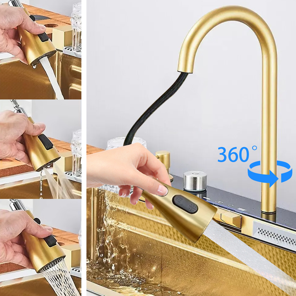 30 Inch Waterfall Multifunctional Kitchen Sink Gold 304 Stainless Steel Single Bowl Drop In Smart Top Mount Kitchen Sink With Faucet Combo Workstation Sinks