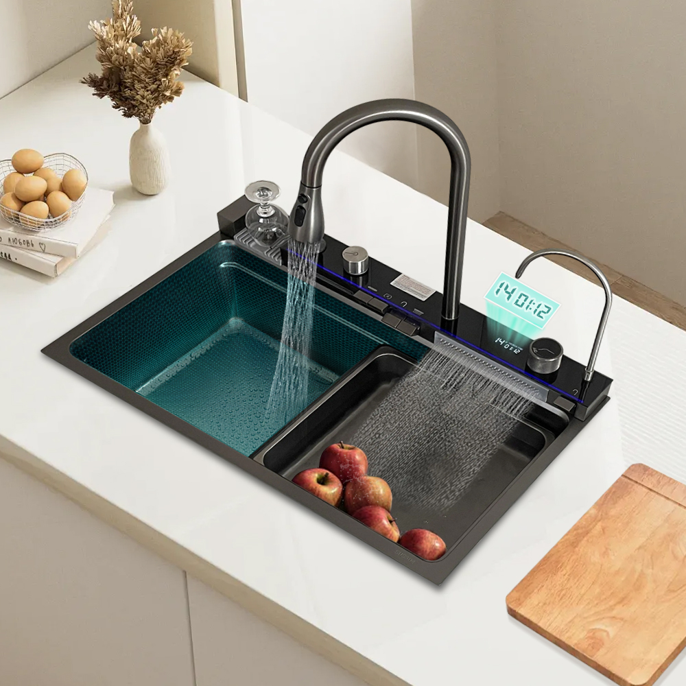 Smart Kitchen Sink 304 Stainless Steel Single Bowl 30 Inch Kitchen Sinks Drop In Waterfall Smart Top Mount Kitchen Sink With Faucet Combo Workstation Sinks