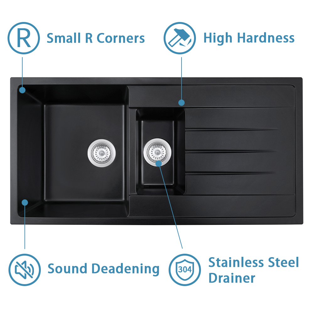 Bolemi Drop In/Undermount 39'' Undermount Double Bowl Granite Kitchen Sink in Black Workstation Granite Composite Kitchen Sinks
