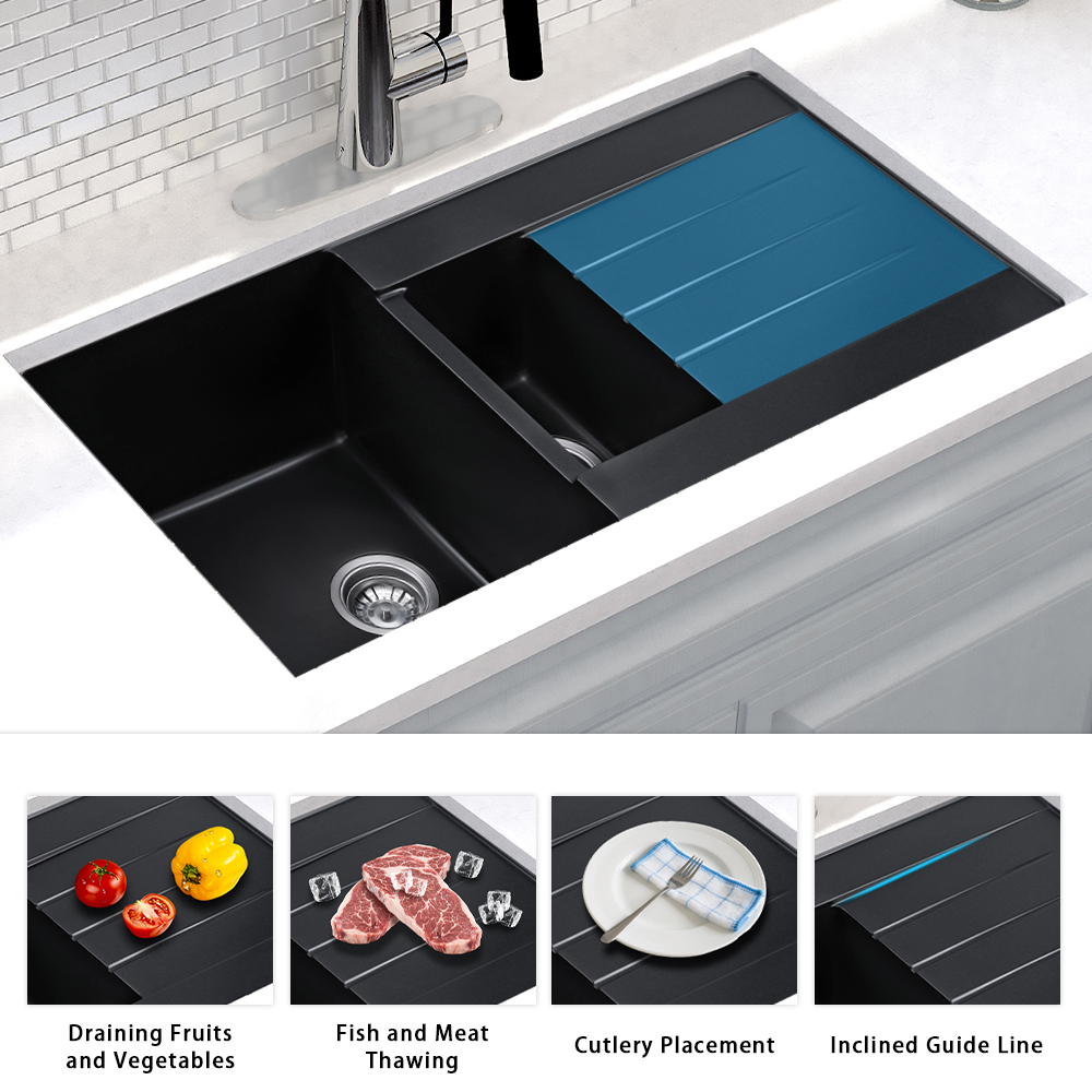 Bolemi Drop In/Undermount 39'' Undermount Double Bowl Granite Kitchen Sink in Black Workstation Granite Composite Kitchen Sinks