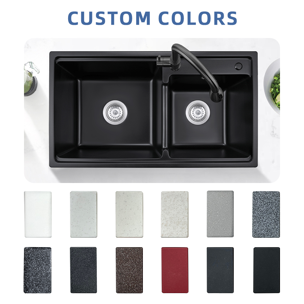 Granite Composite Kitchen Sinks Undermount Double Bowl Granite Kitchen Sink 31.5*18*9'' Black Quartz Sinks Workstation 800*450*230mm Kitchen Sinks