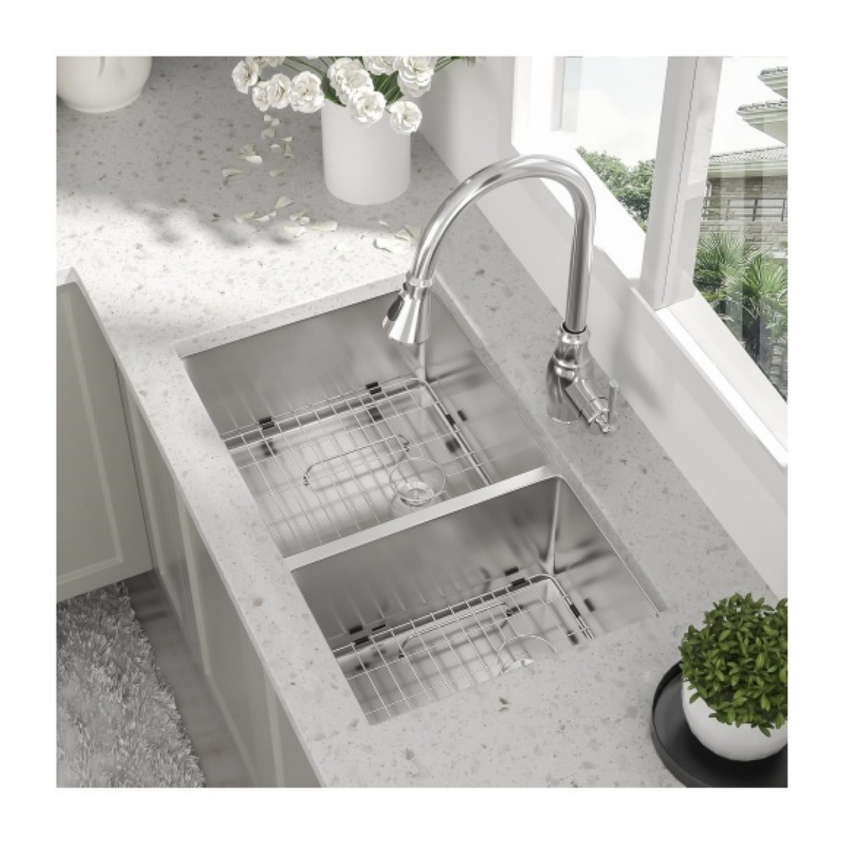 Stainless Steel Kitchen Sink 32 Inch Double Bowl 18 Gauge Undermount Handmade SUS304 Kitchen Sink For Kitchen With Accessories_copy